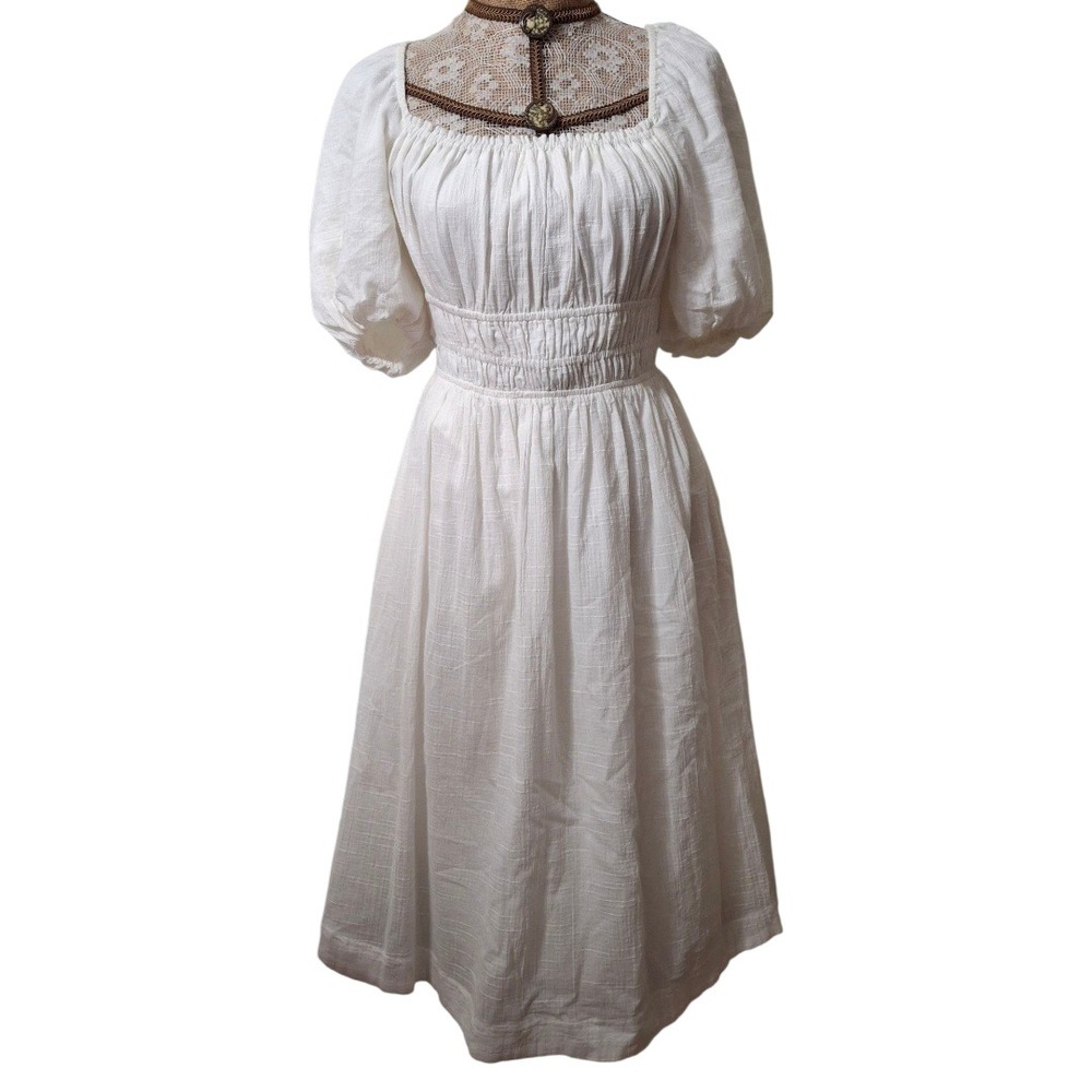 NWT P CILL White Puff‎ Sleeve Square Neck Smocked Waist Midi Dress Womens S